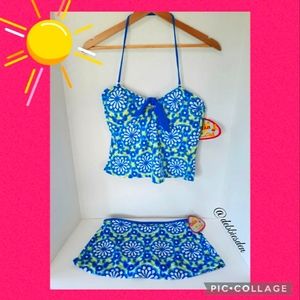 Ibiza 2 piece Swim suit skirt bottom halter full coverage top blue yellow